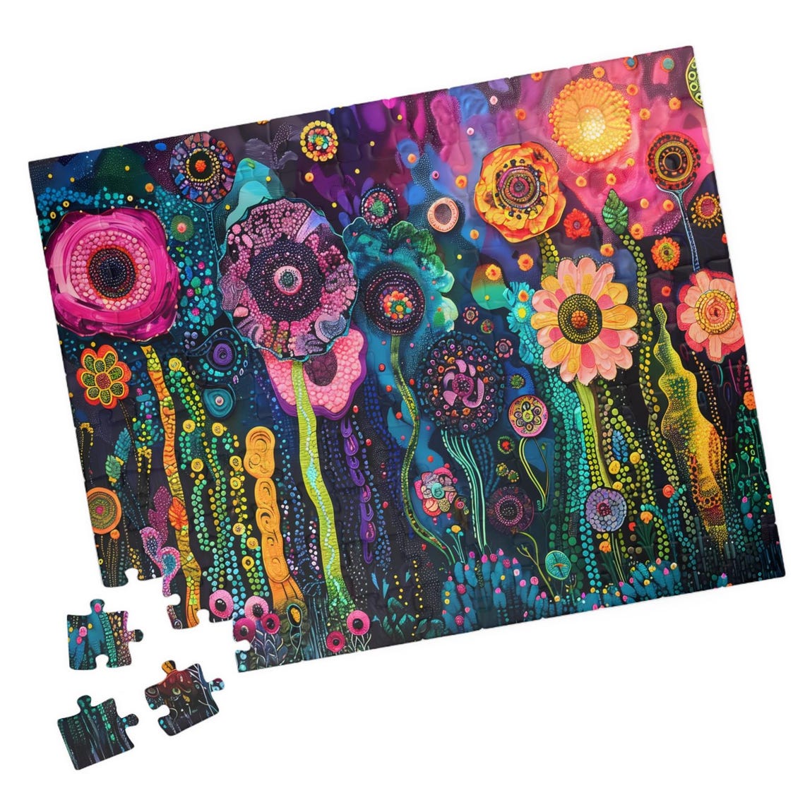 Vibrant Whimsical Fantasy Flowers On Dark Background Art Poster
