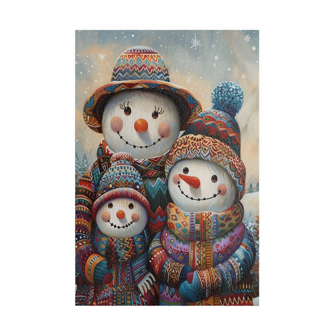Three Cheerful Snowmen In Colorful Winter Knitwear Art Poster - Image 3