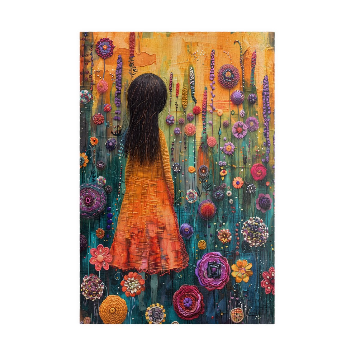 Girl in Orange Dress Walking Through a Textured Flower Garden Poster - Image 3
