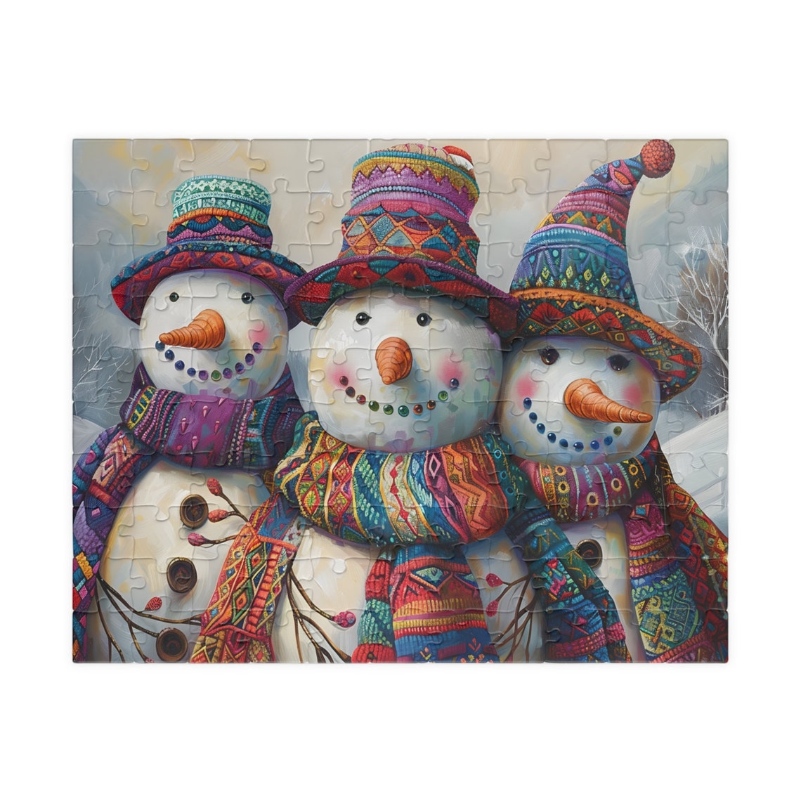 Three Smiling Snowmen In Colorful Knit Hats Winter Art Poster - Image 5