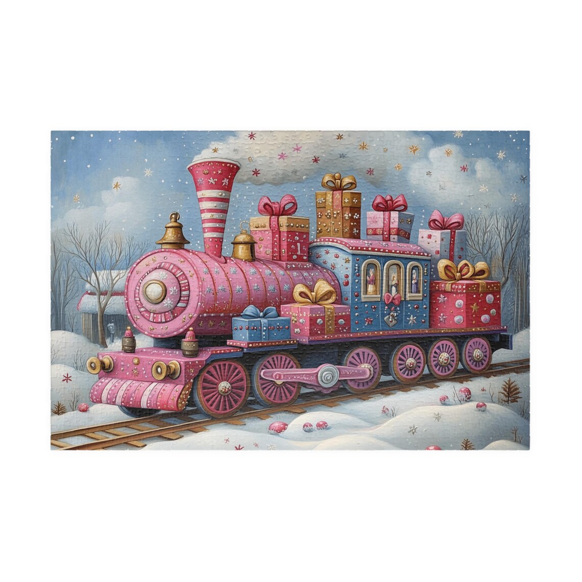 Whimsical Pink And Blue Christmas Train With Gifts Art Poster - Image 3