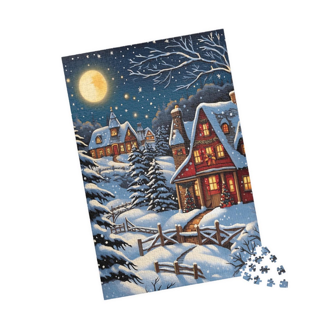 Moonlit Snow Covered Village with Glowing Red Cottage Night Poster - Image 4