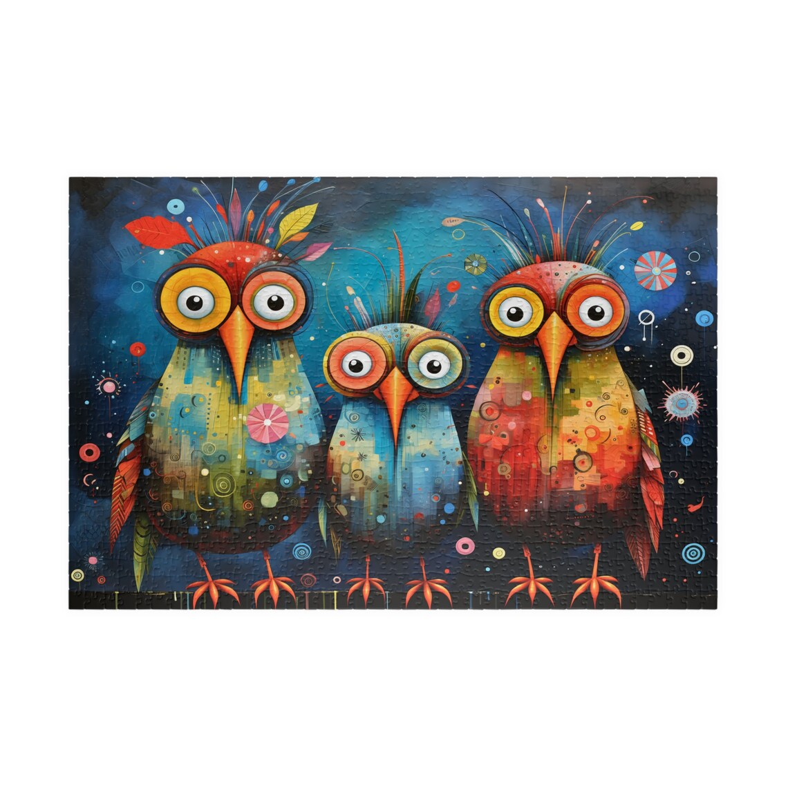 Three Colorful Whimsical Owls With Big Googly Eyes Mosaic Art Poster - Image 3