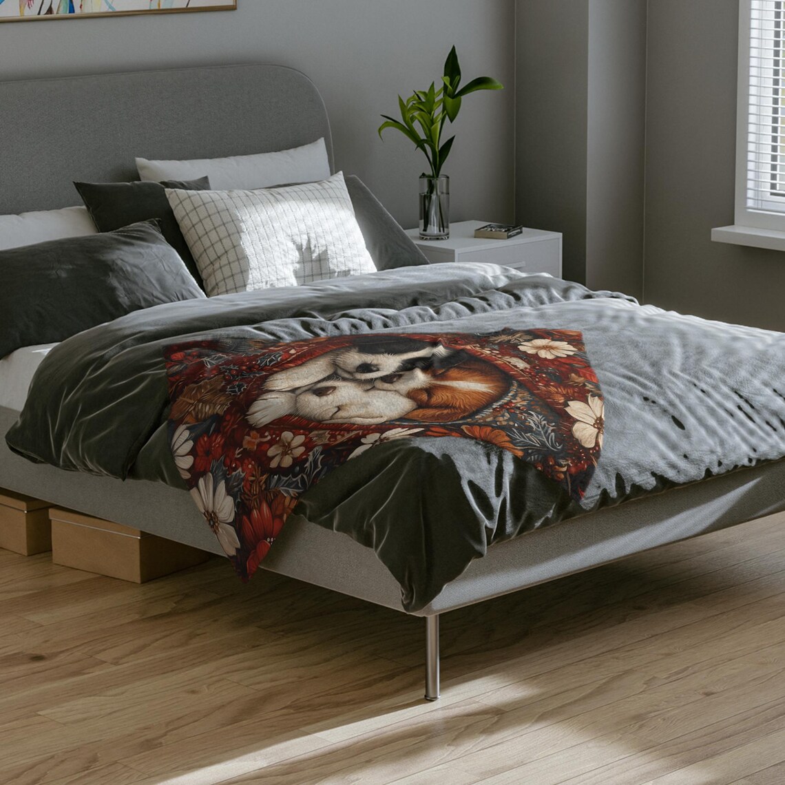 Three Sleeping Puppies Cuddled in a Cozy Floral Blanket Art Print - Image 2