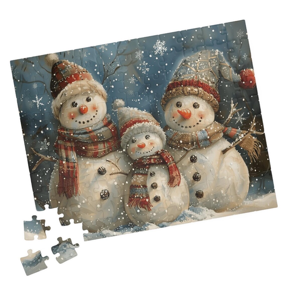 Snowman Family Falling Snow Plaid Scarves Christmas Art Poster