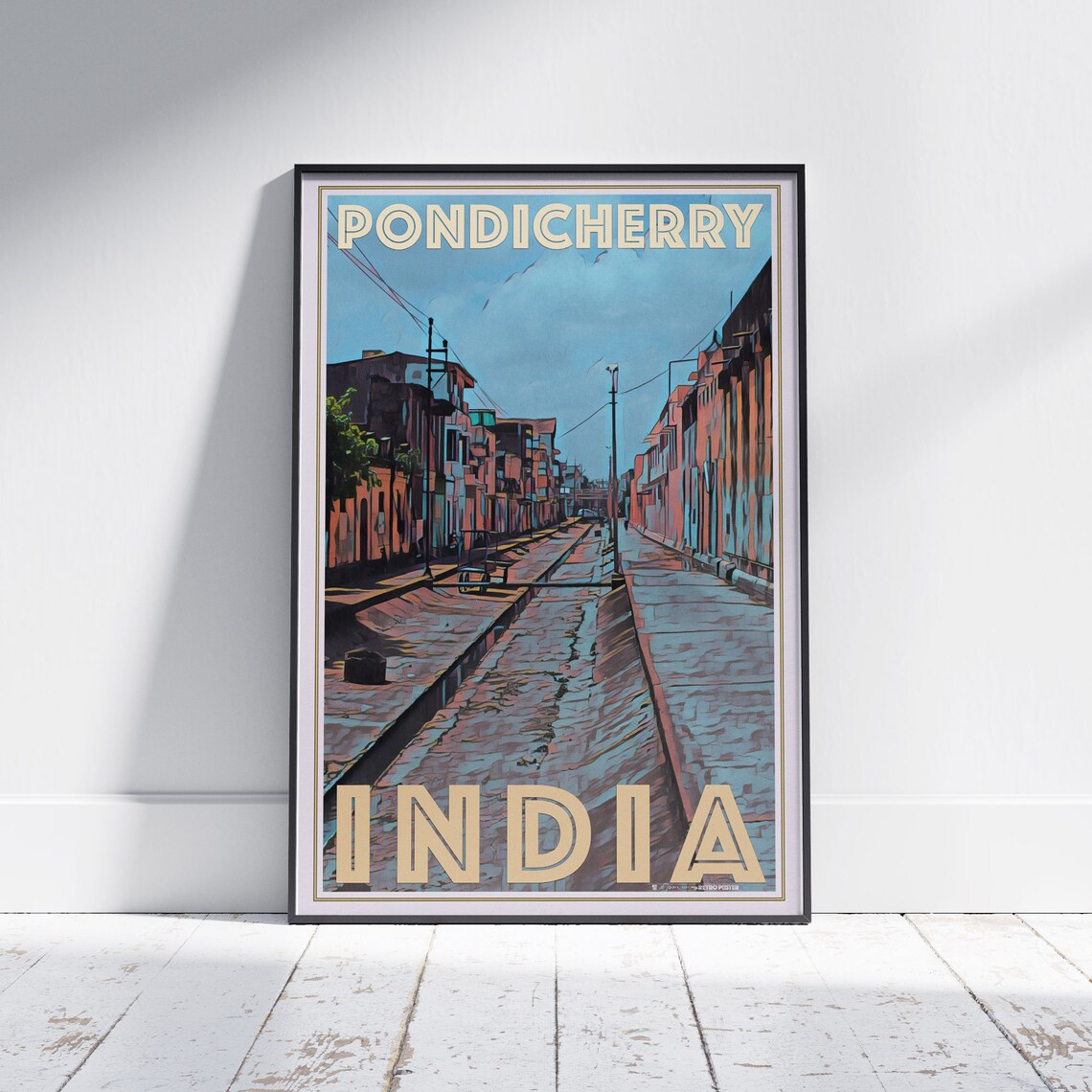 Pondicherry Colonial Street Architecture India Vintage Travel Poster