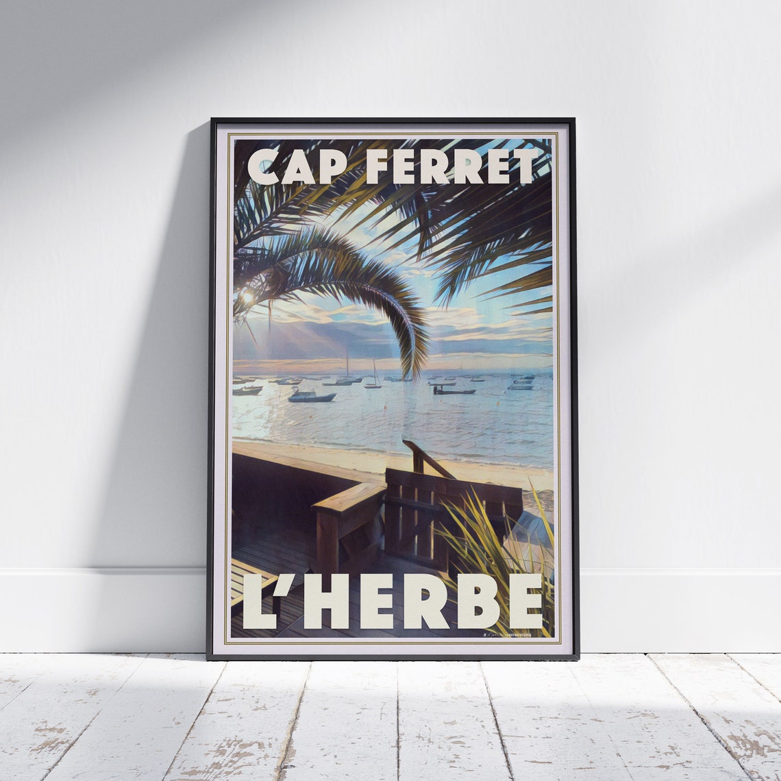 Cap Ferret L'Herbe Palm Sunset French Beach Retro Travel Poster