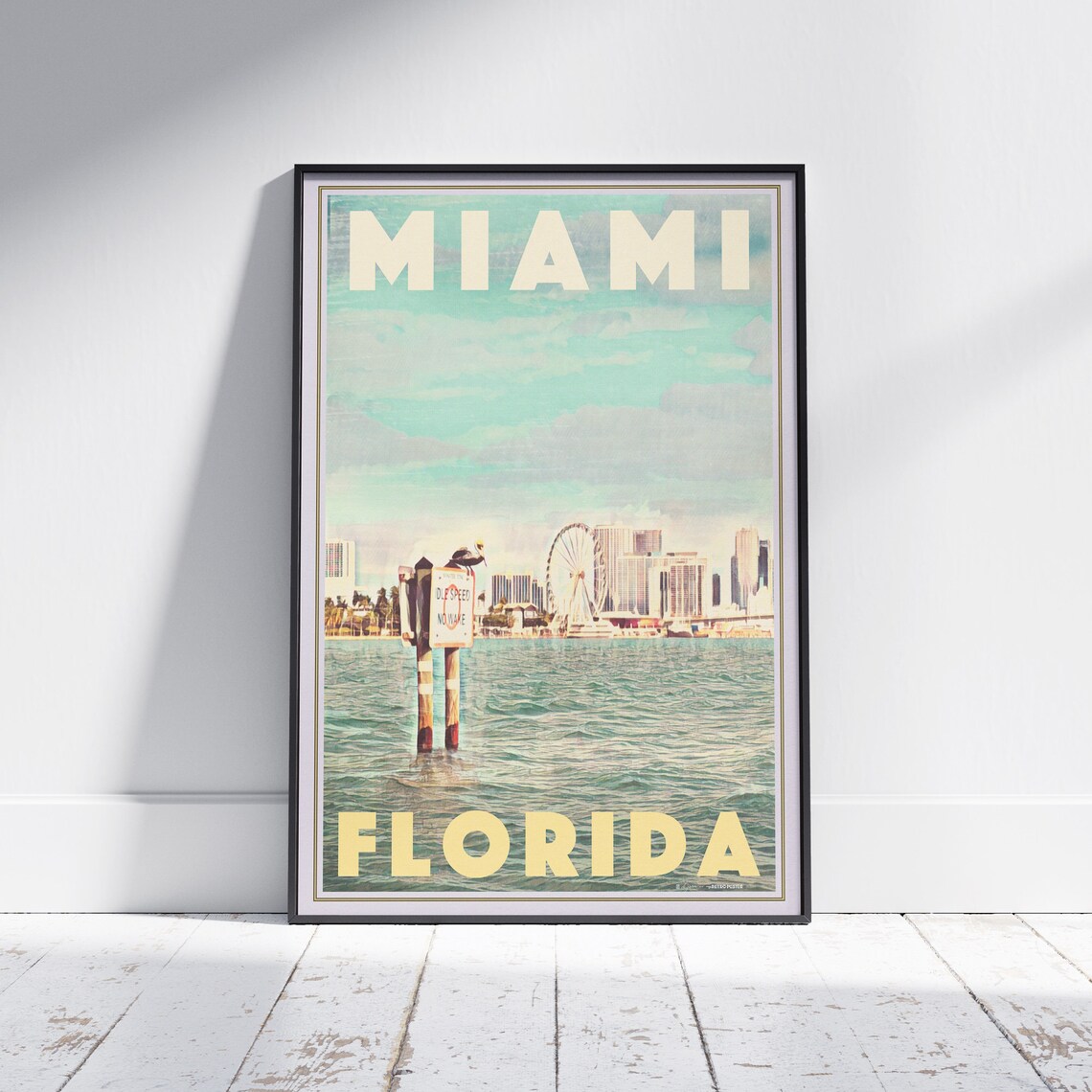 Miami Florida Skyline Ferris Wheel Waterfront Vintage Travel Poster