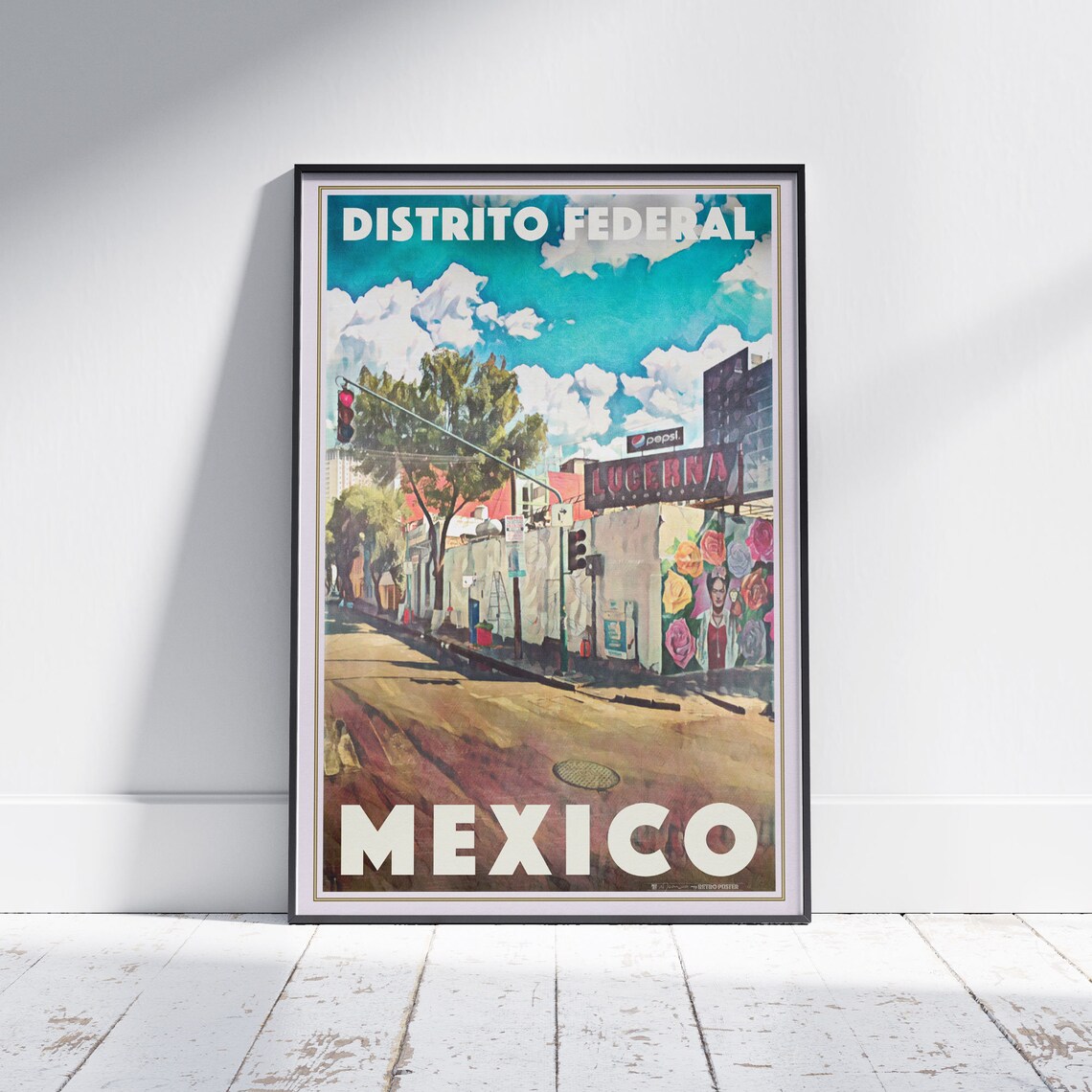 Mexico City Vintage Travel Poster With Frida Kahlo Floral Wall Mural