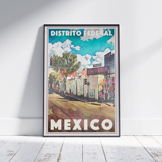 Mexico City Vintage Travel Poster With Frida Kahlo Floral Wall Mural