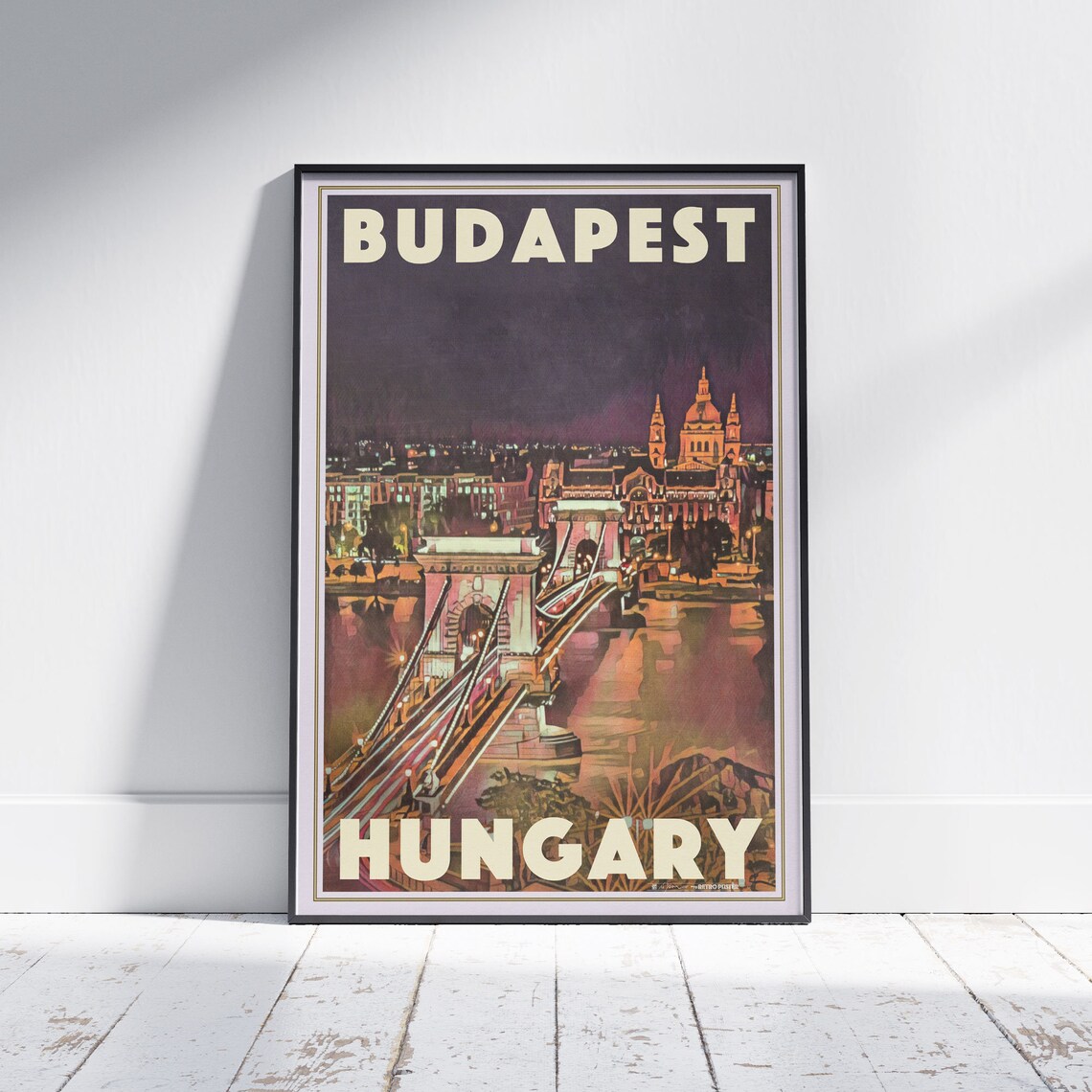 Budapest Hungary Vintage Travel Poster With Chain Bridge Night Lights