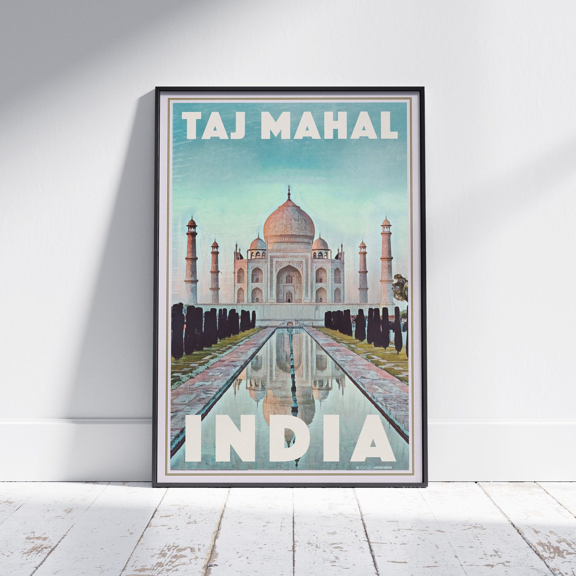 Taj Mahal India Marble Mausoleum Reflecting Pool Vintage Poster