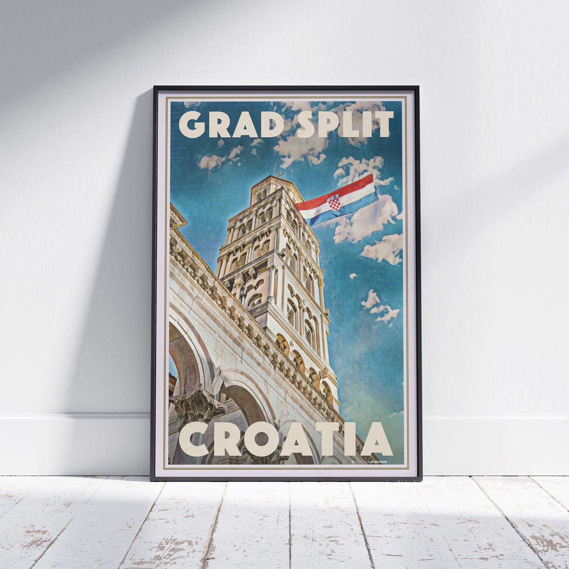 Grad Split Croatia Bell Tower Croatian Flag Retro Travel Poster