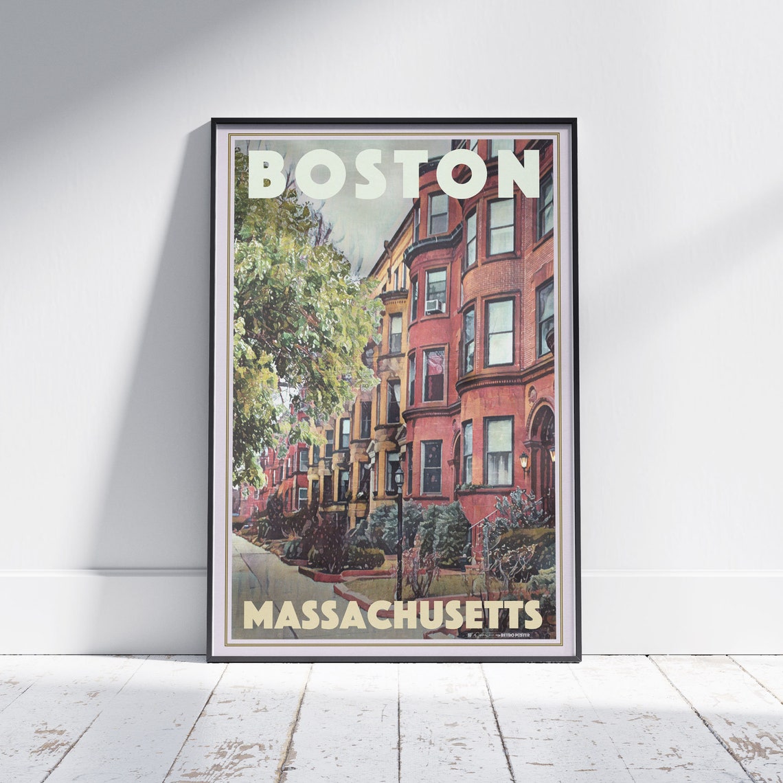 Boston Massachusetts Red Brick Townhouse Street Travel Poster