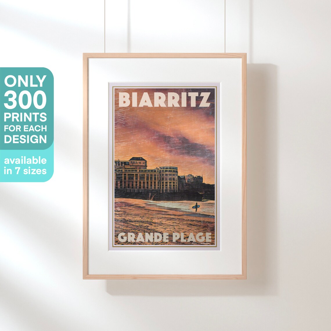 Biarritz Grande Plage Surfer Sunset France Vintage Travel Art Poster - Image 3