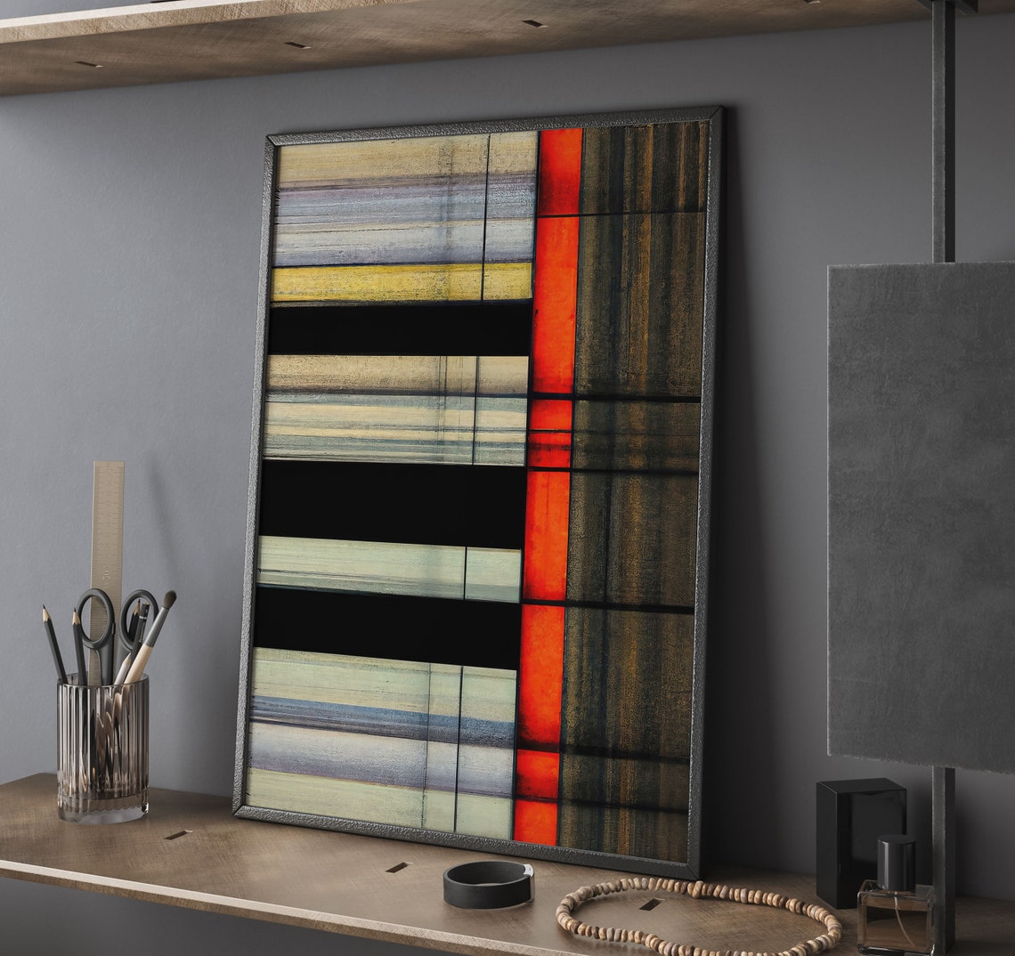 Muted Horizontal Bands Red Stripe Minimal Abstract Oil Painting Poster