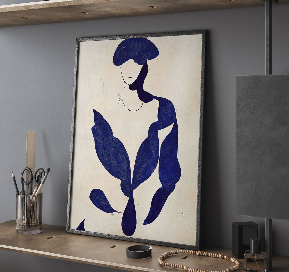Abstract Blue Woman Figure Cutout Style Minimalist Art Poster