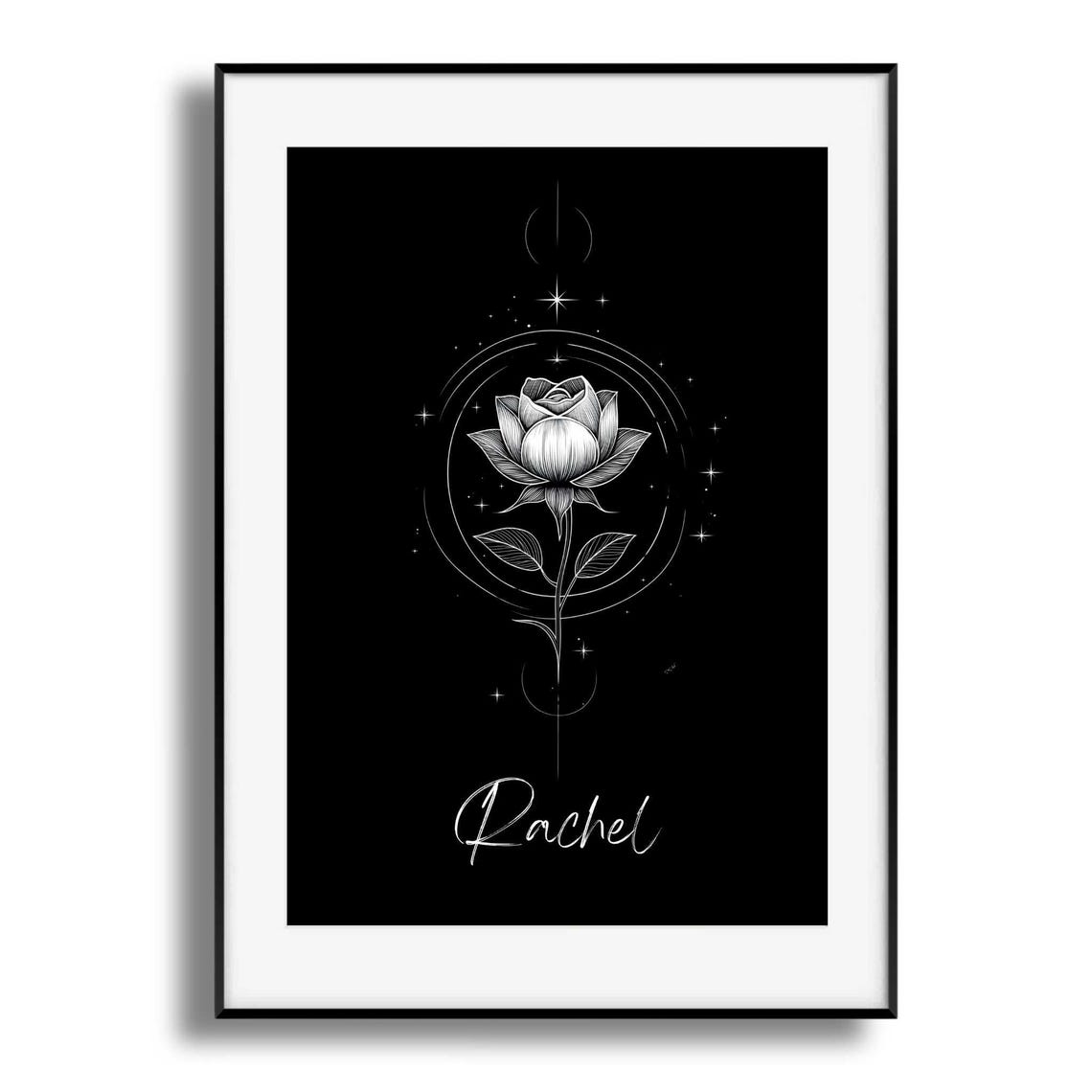 Personalized Rachel Name White Rose Gothic Black Celestial Poster