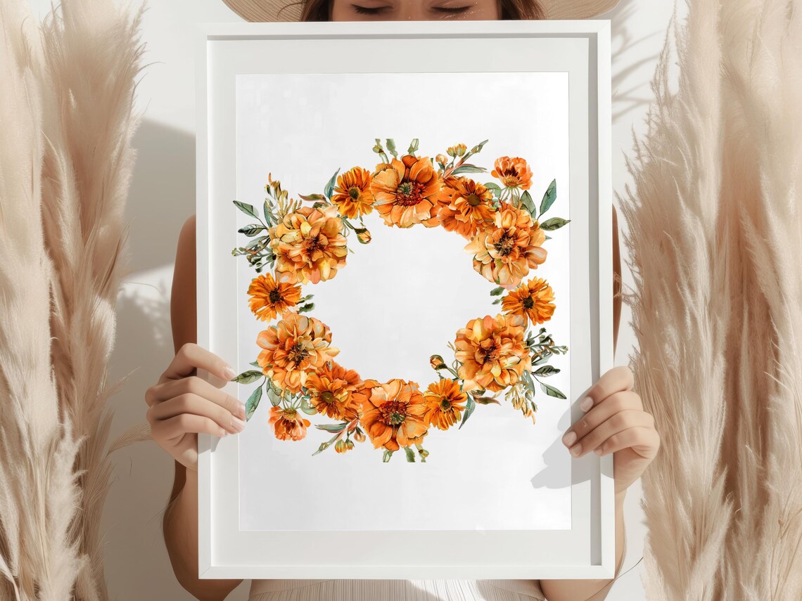Orange Zinnia Floral Wreath Watercolor Art Poster in Warm Autumn