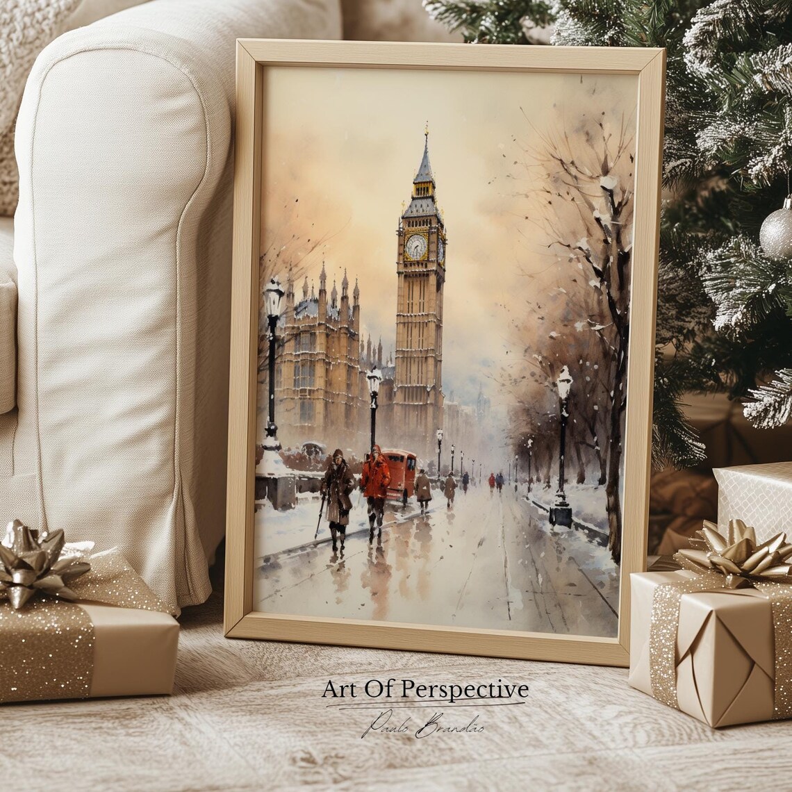 Big Ben London Snowy Winter Watercolor Scene Cityscape Poster