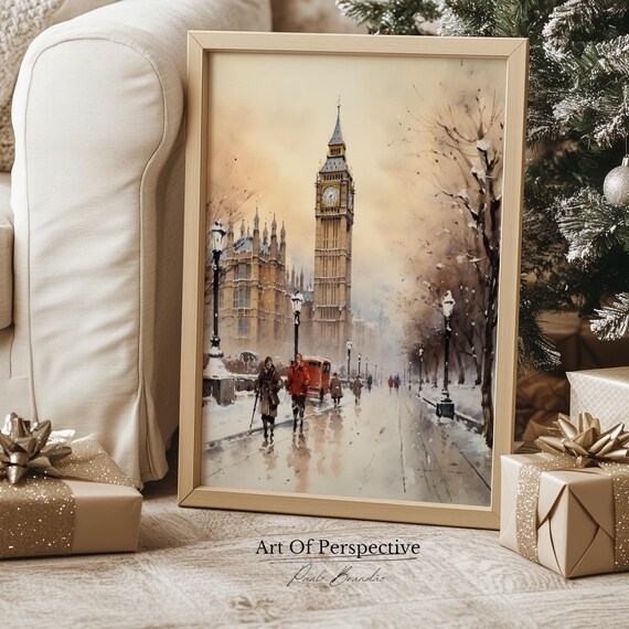 Vintage Snowy Westminster 19th Century Cityscape Antique London Architecture Oil Painting