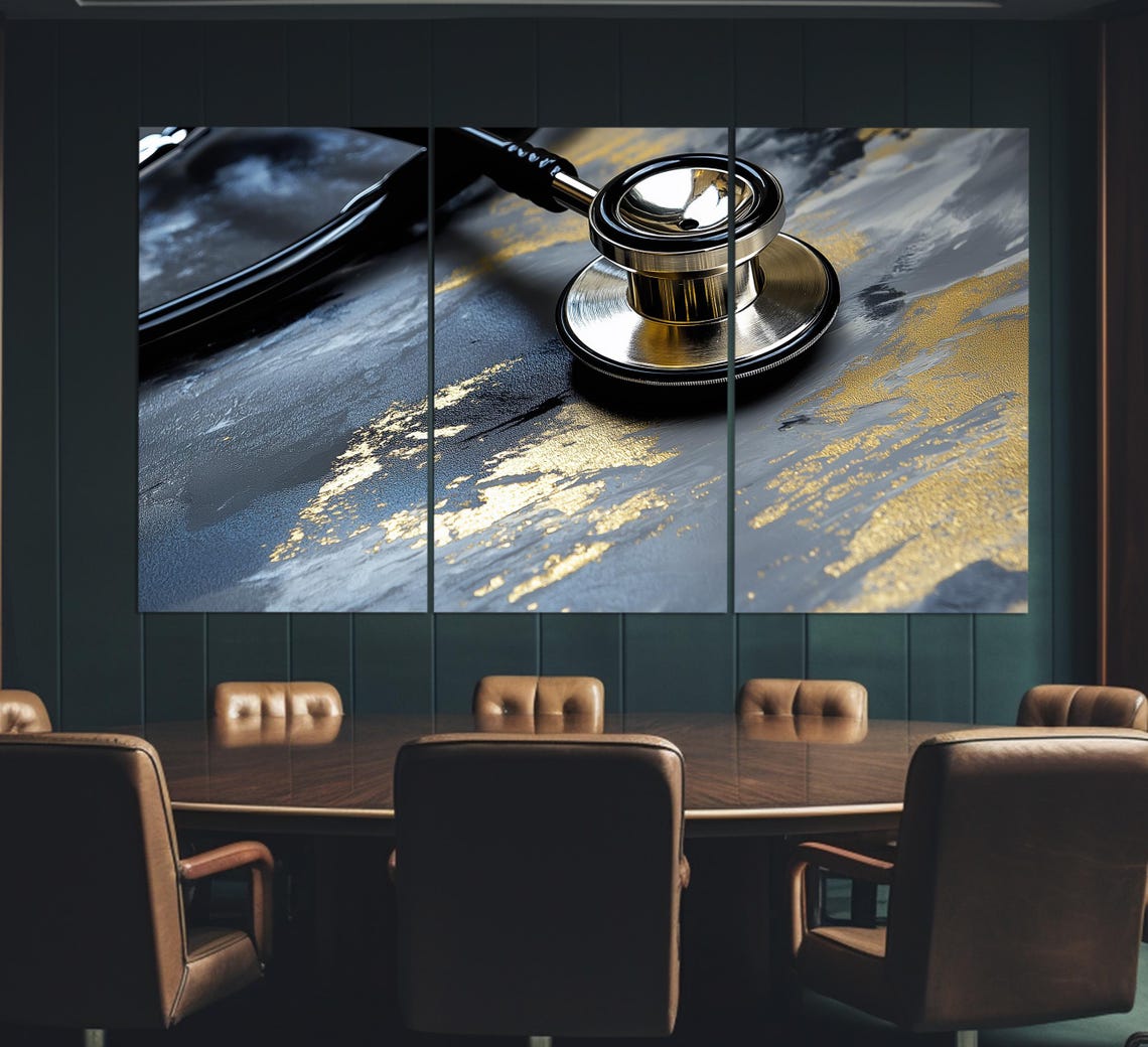 Stethoscope On Blue Marble Gold Veins Medical Decor Art Print - Image 3