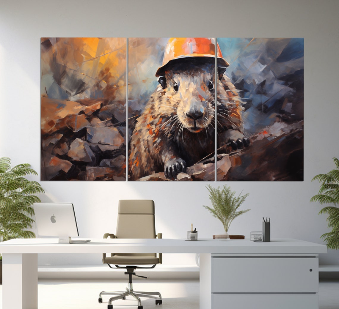 Funny Beaver Miner Yellow Helmet Construction Animal Art Poster - Image 3