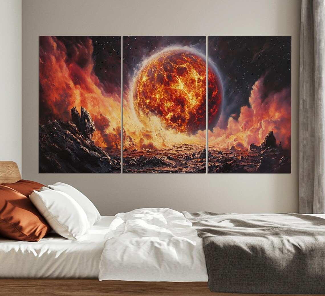 Abstract Fiery Mars Planet Rising Over Alien Rocky Landscape Space Wall Art - Image 3