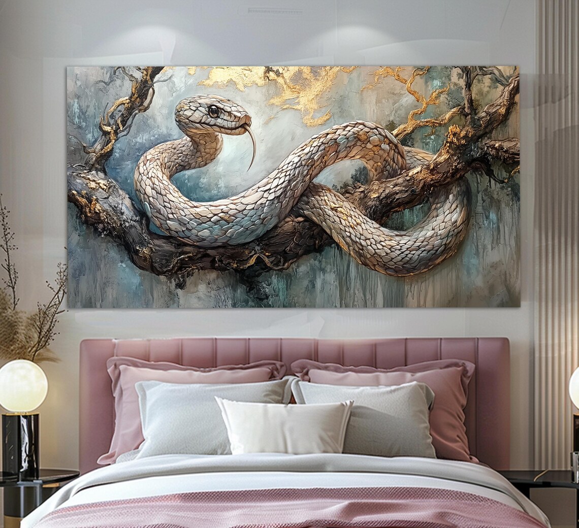 White Snake Coiled On Branch Gold Leaf Year Of Snake Oil Painting Poster - Image 6