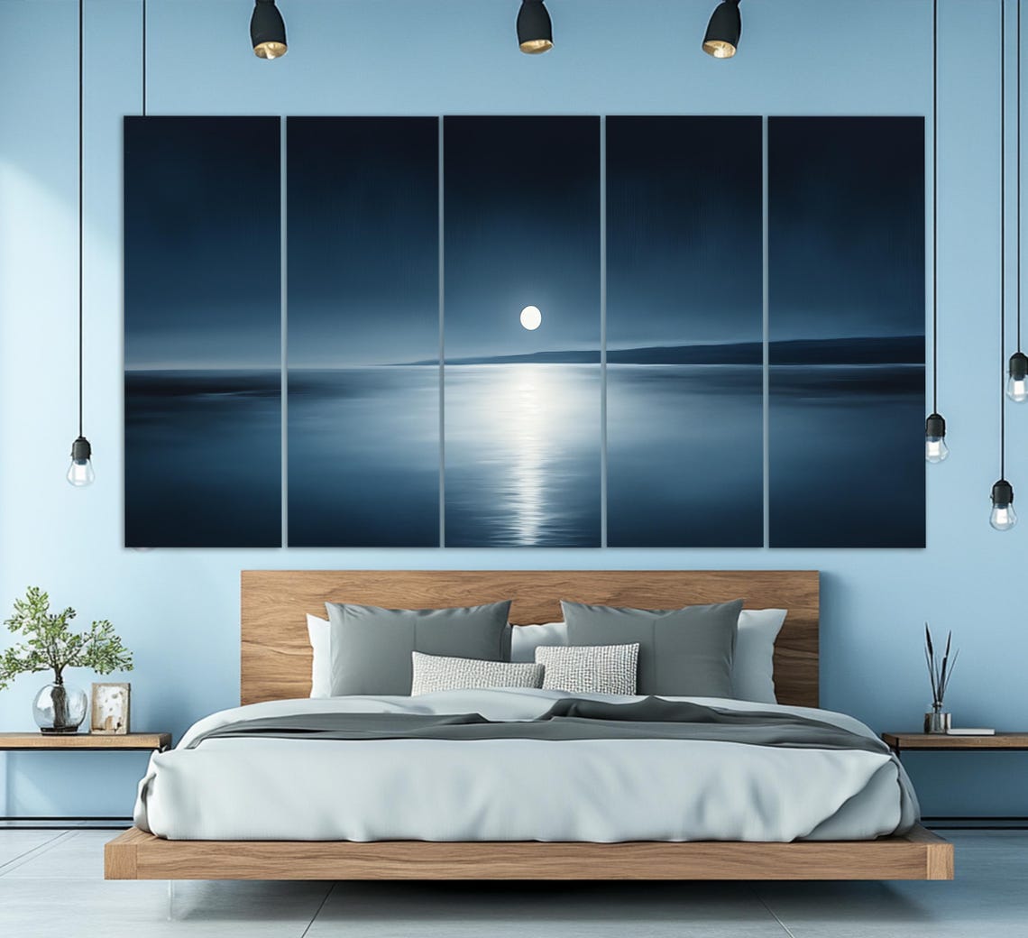 Minimalist Full Moon Over Dark Lake Moonlit Reflection Night Wall Art - Image 4