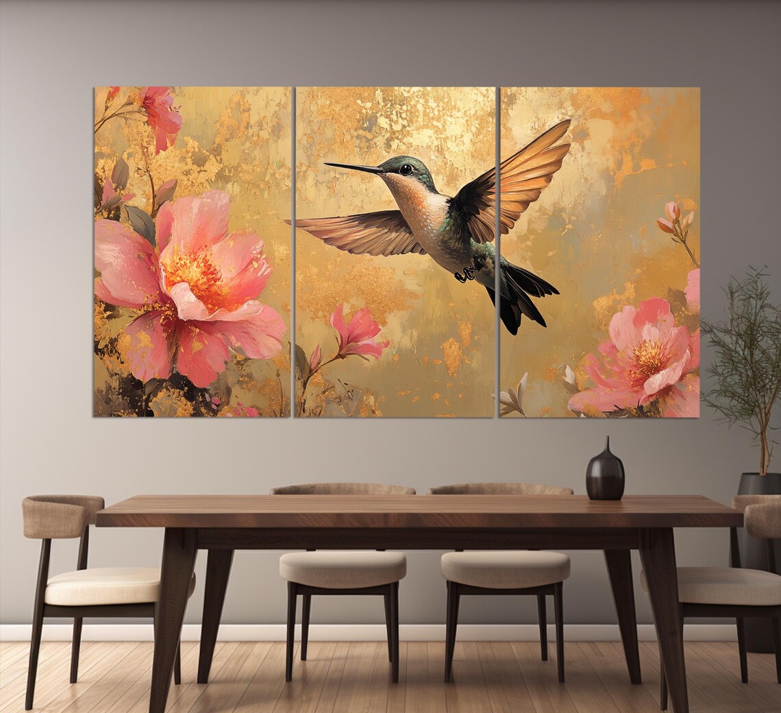 Hummingbird Hovering Garden Flowers Painting Birds Nature Art Poster - Image 3