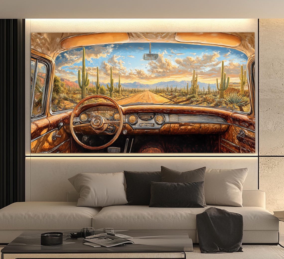 Retro Car In Arizona Desert Print In An Oil Painting Style Saguaro Wall Art Arizona Desert Wall Art Vintage Arizona Poster - Image 4