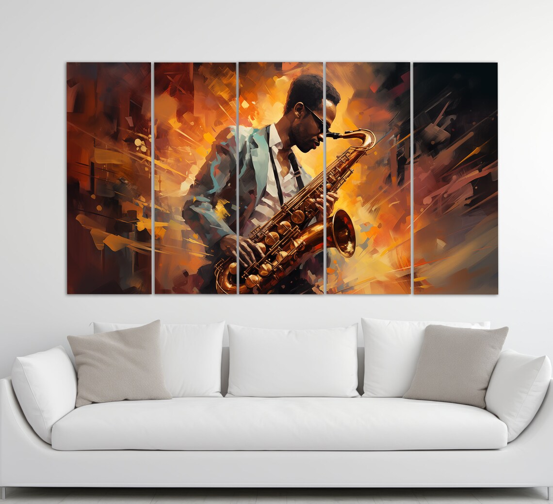 Saxophonist Playing Saxophone Fiery Orange Jazz Club Oil Painting Music Wall Art - Image 2