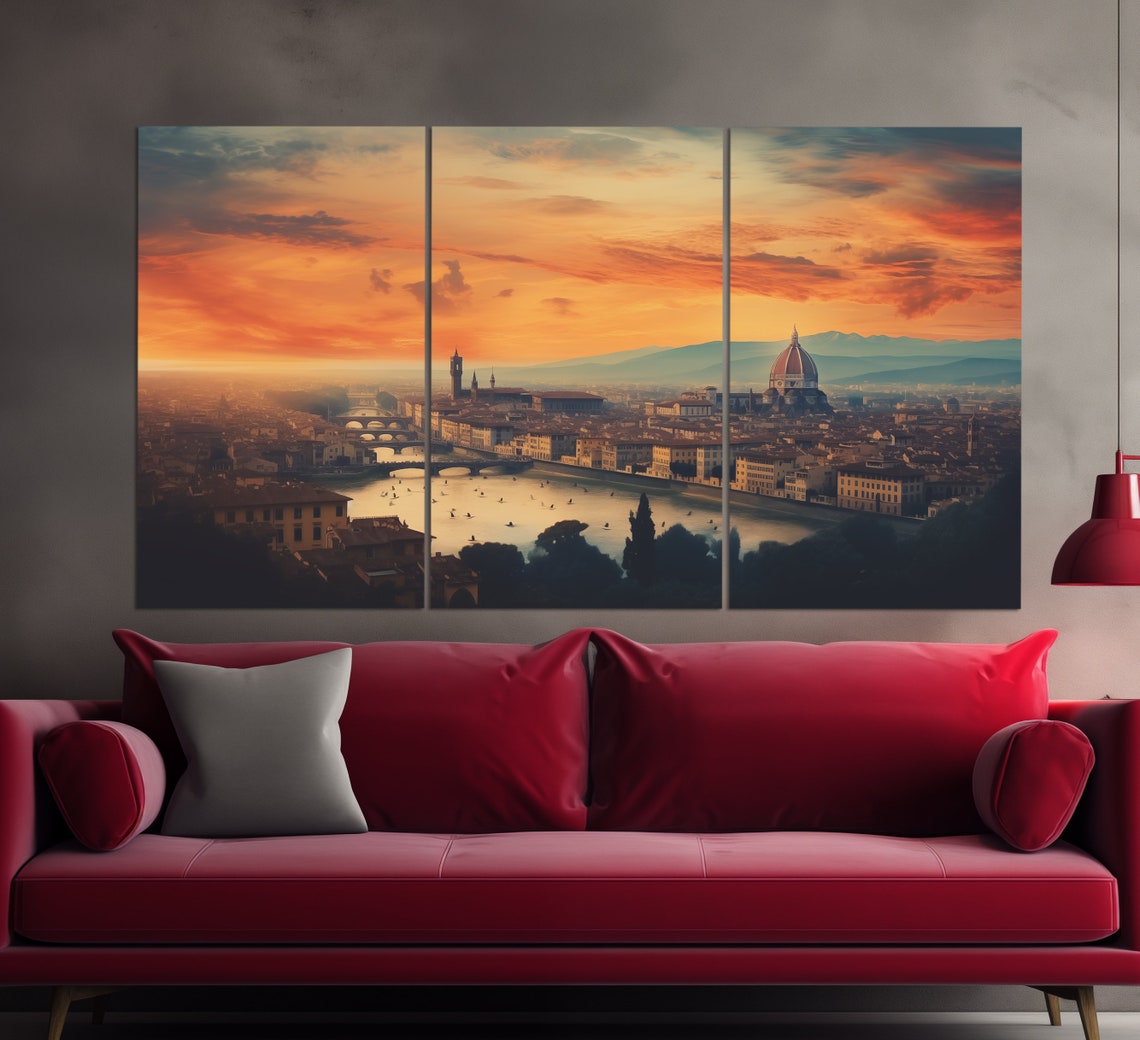 Florence Duomo Sunset Skyline Arno River Italy Vintage Poster - Image 3