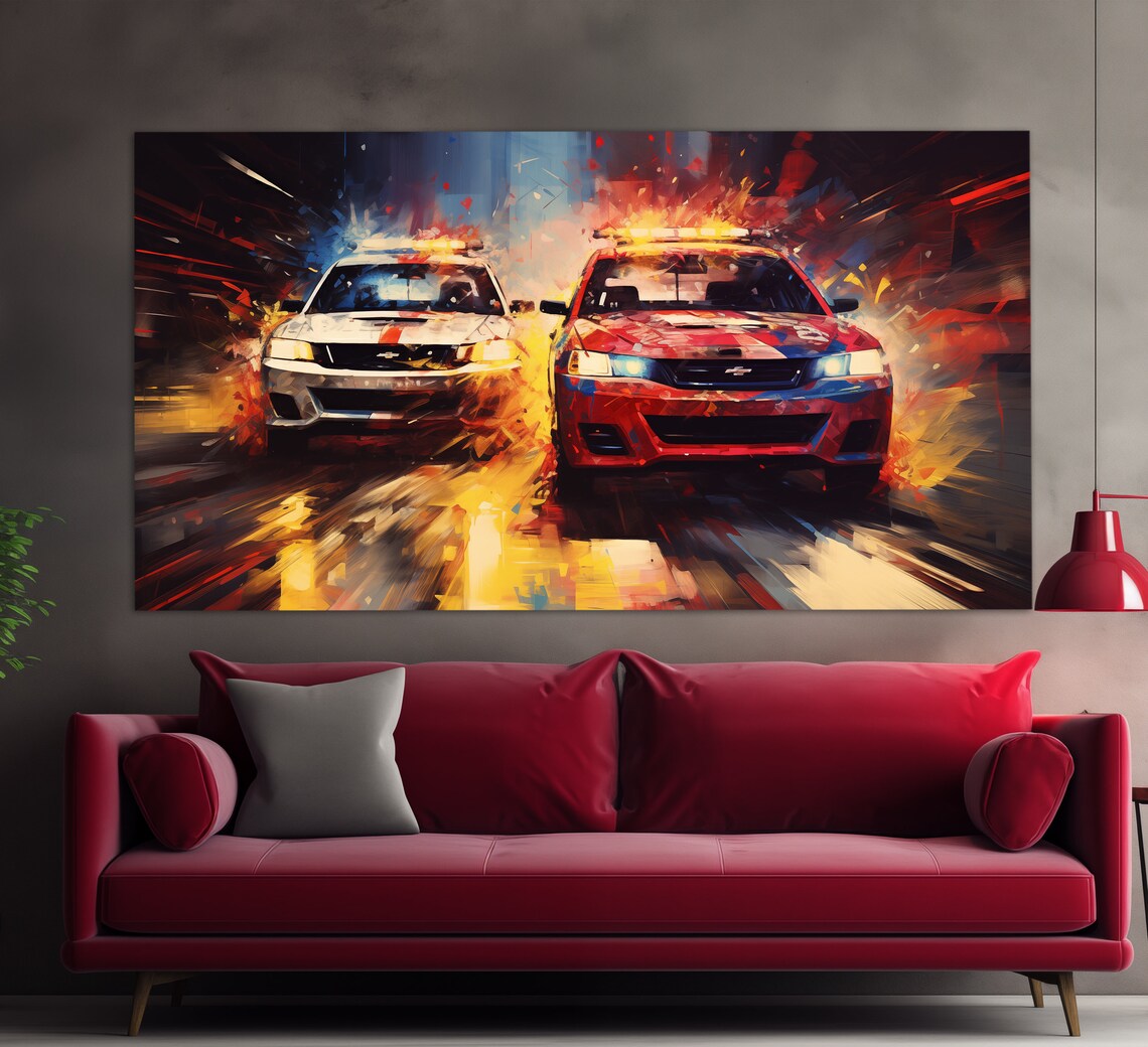 Vintage Police Cars In Motion Classic Retro Oil Painting Style Poster