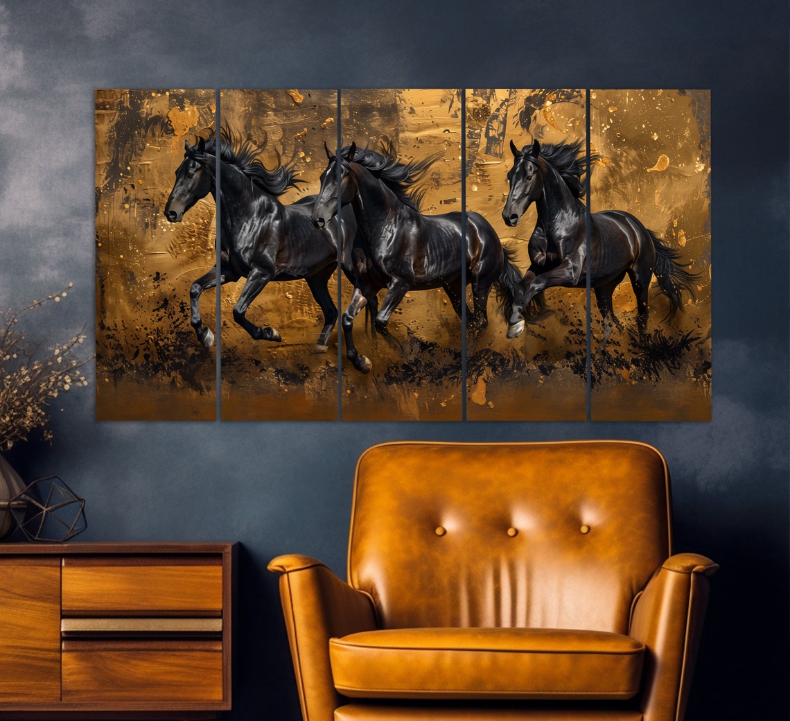 Galloping Horses Herd Dusty Vintage Oil Painting Equestrian Art Poster - Image 2