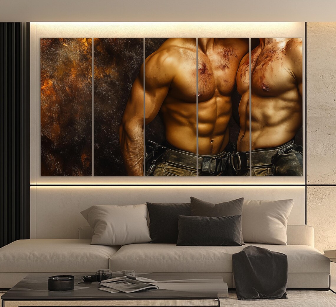 Muscular Men Embracing Gay Love Pride Romantic Painting Bedroom Poster - Image 5