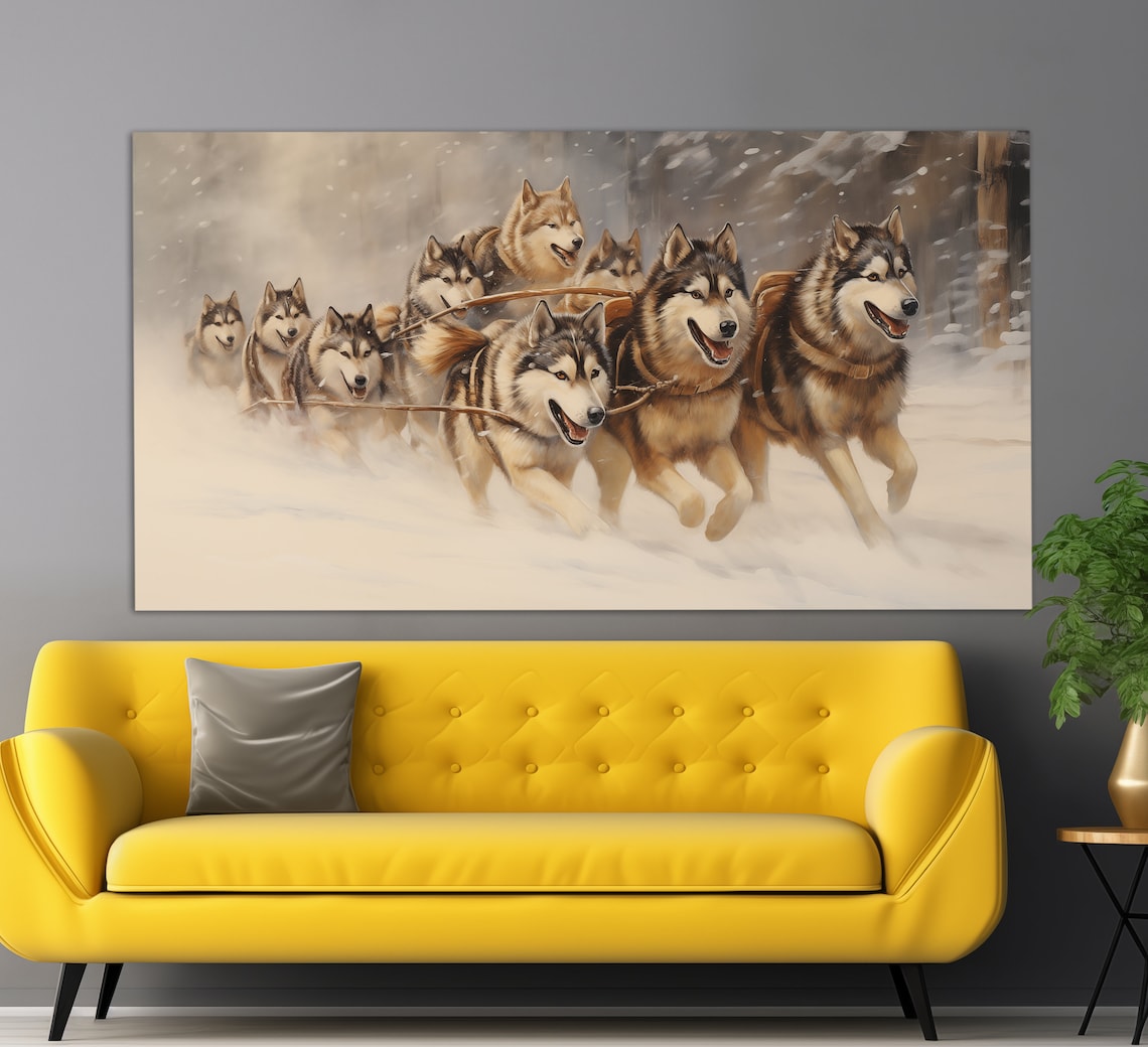 Sled Dog Team Running Through Snowy Forest Winter Oil Painting Poster