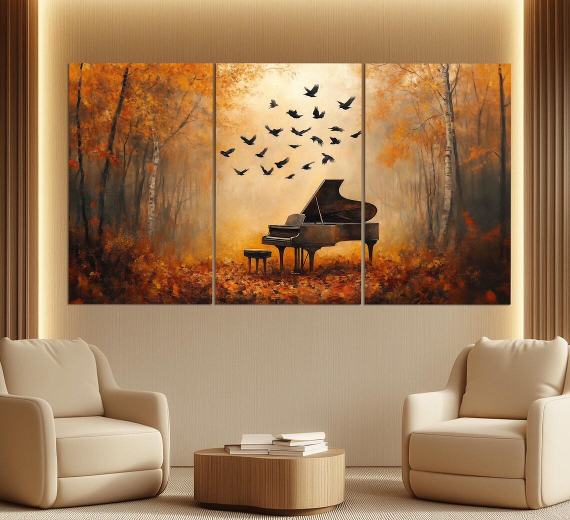 Grand Piano Autumn Forest Birds Golden Oil Painting Style Music Poster - Image 3