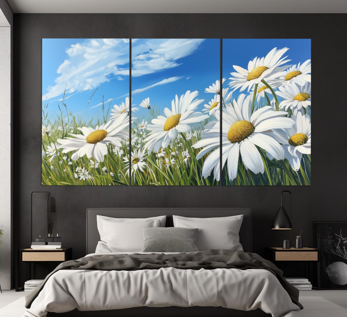 White Daisy Field Meadow Under Blue Sky Bloom Triptych Wall Art