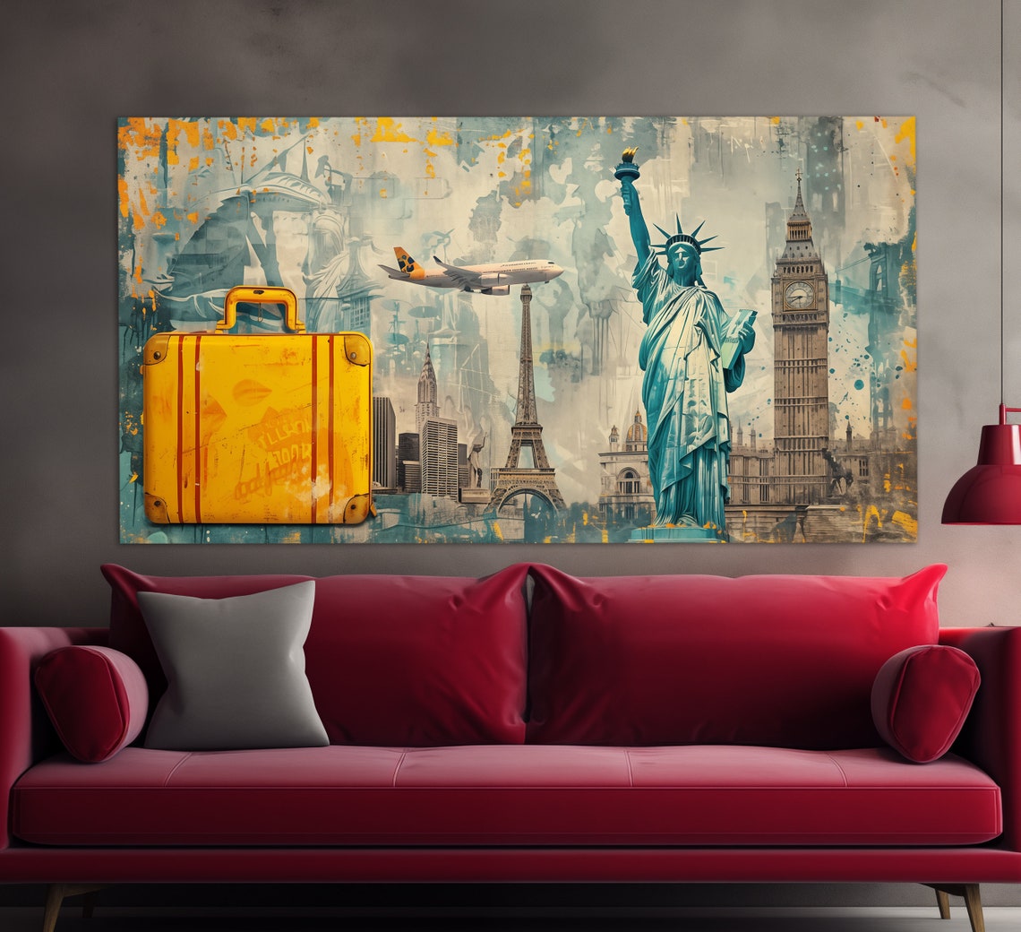 World Landmarks Suitcase Airplane Statue Liberty Eiffel Travel Poster - Image 5