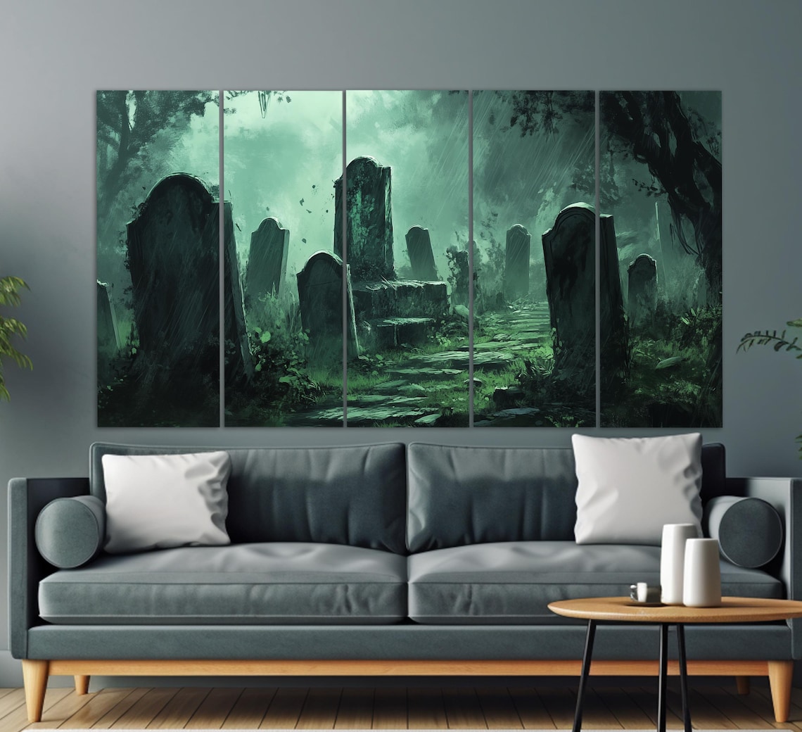 Misty Green Graveyard Old Tombstones Eerie Gothic Horror Atmosphere Poster - Image 2