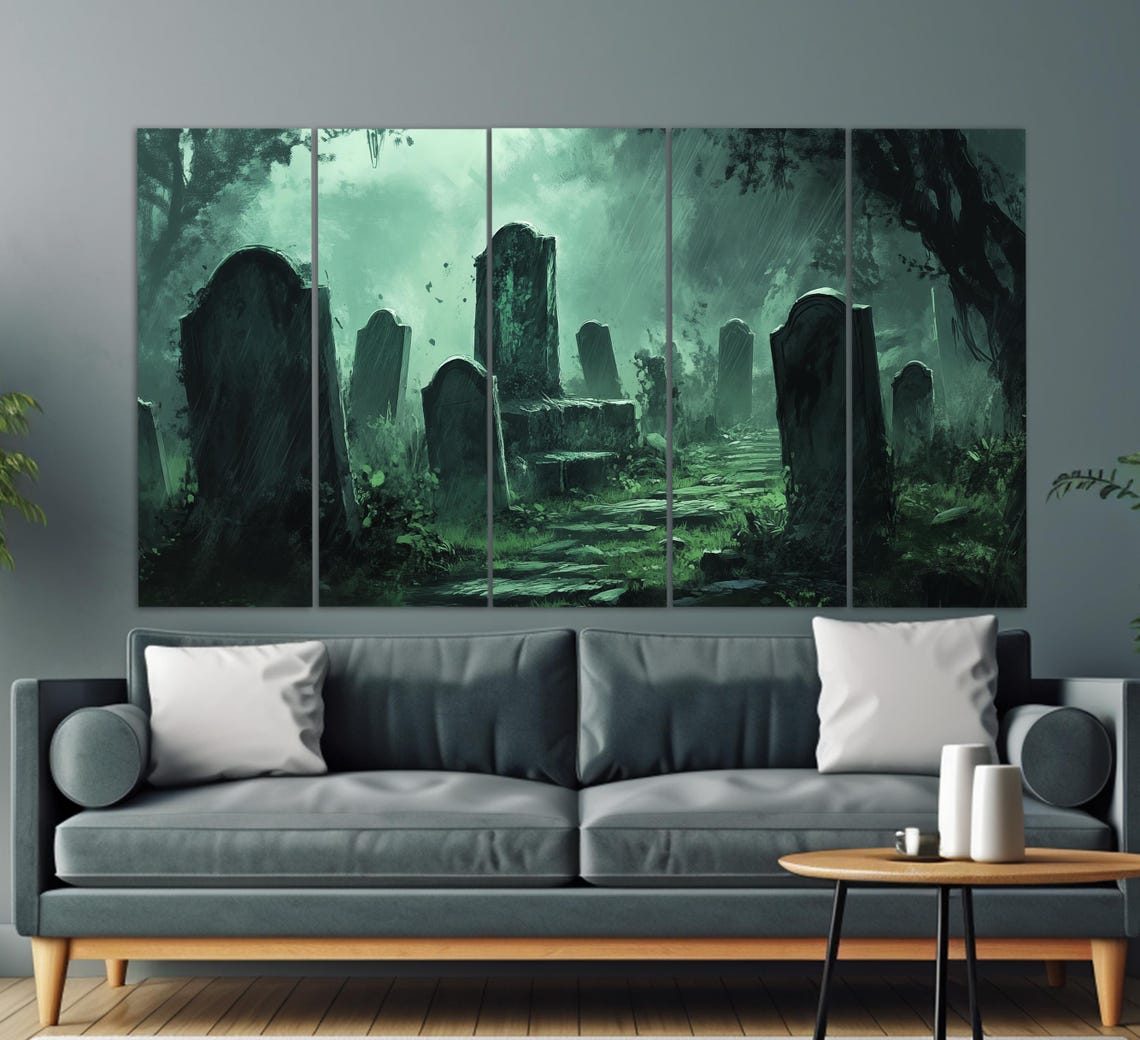 Night Graveyard With Broken Graves Print Abstract Gothic Painting Horror Wall Art Gothic Painting Horror Print Gothic Wall Decor - Image 2