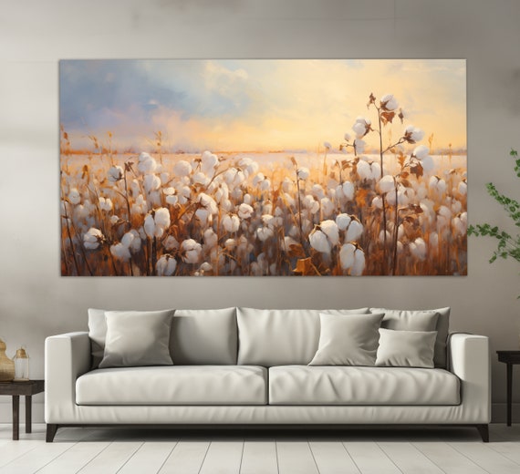 Cotton Flowers Field Floral Art Print, Soft Colors