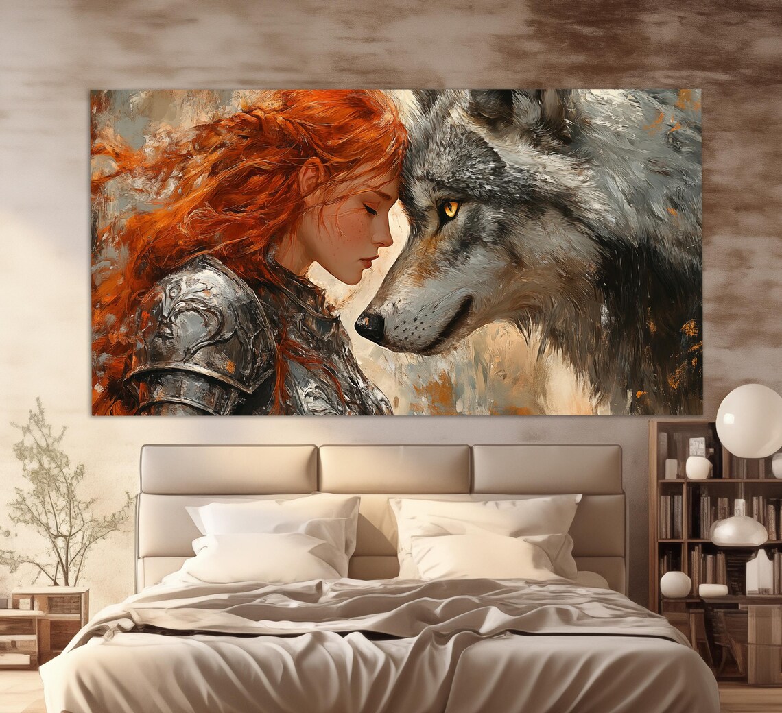 Loyal Wolf and Red-Haired Lady Warrior Art Print