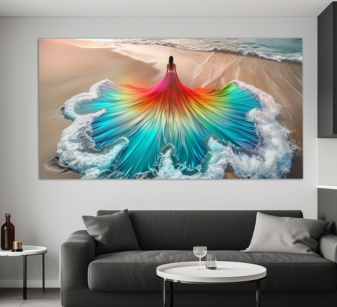 Woman In Rainbow Ocean Wave Gown On Sandy Beach Aerial View Wall Art