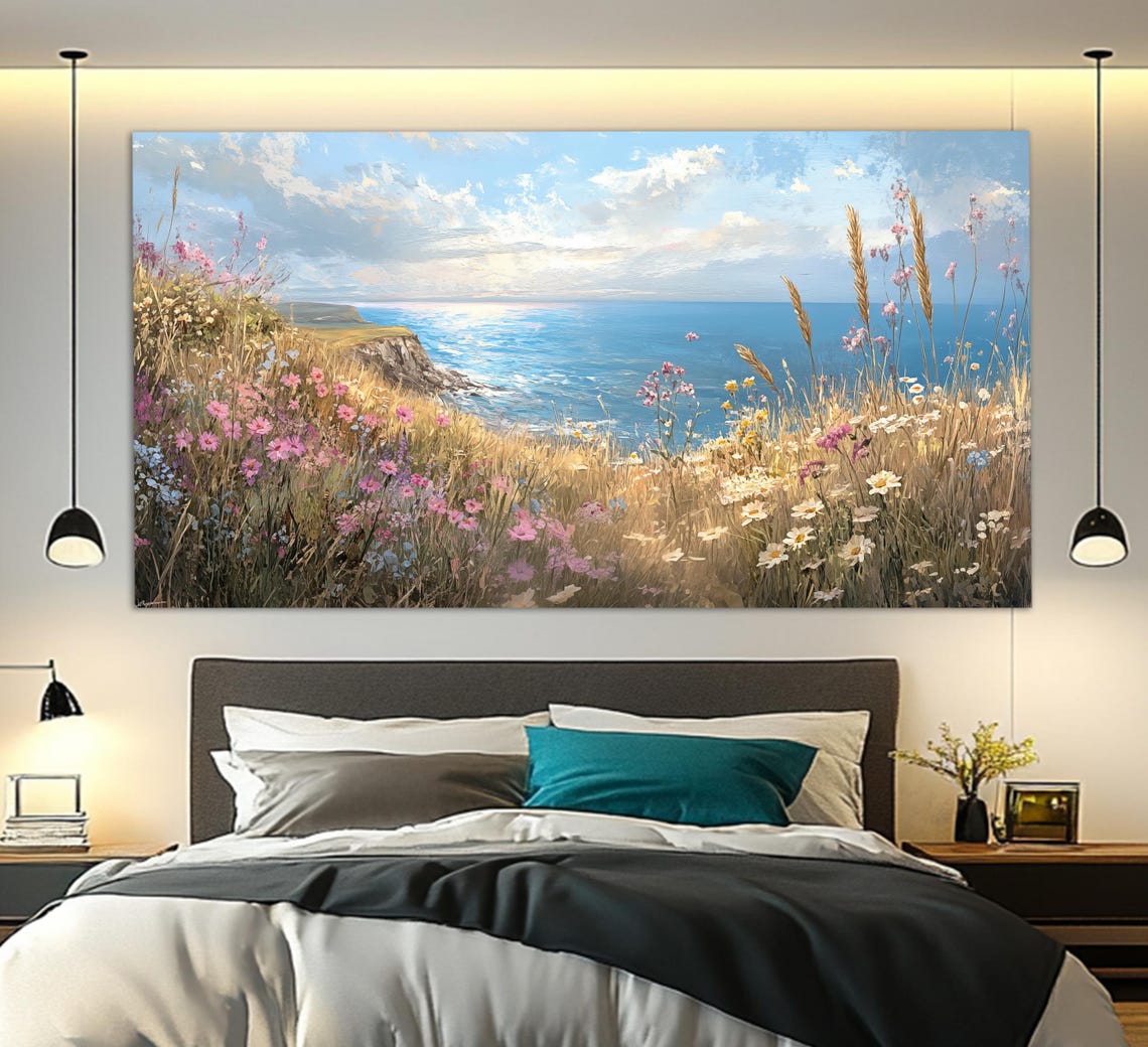Wildflowers on Cliffs Soft Coastal Seascape Art Golden Hour Poster