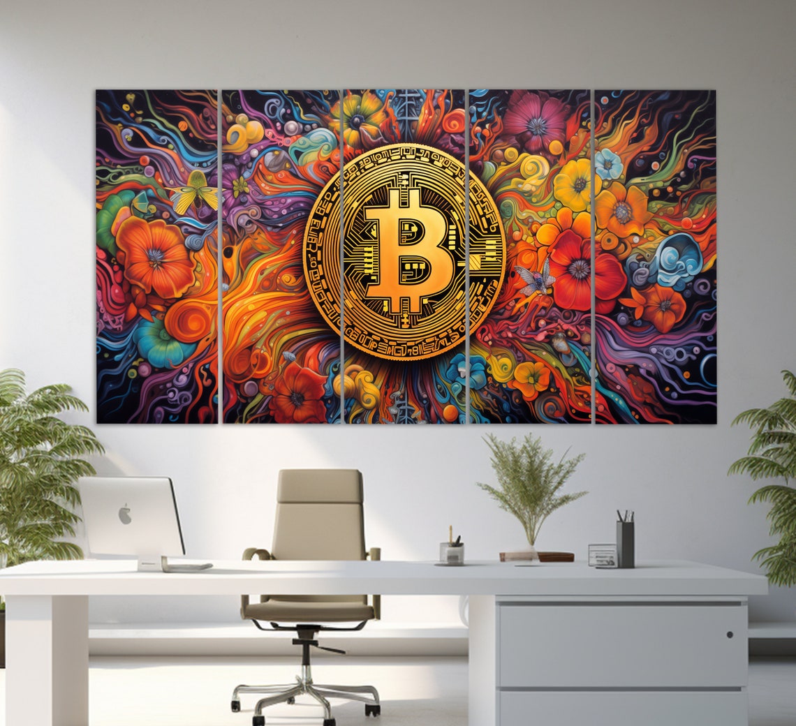 Bitcoin Coin Psychedelic Colorful Flowers Abstract Crypto Art Poster - Image 2