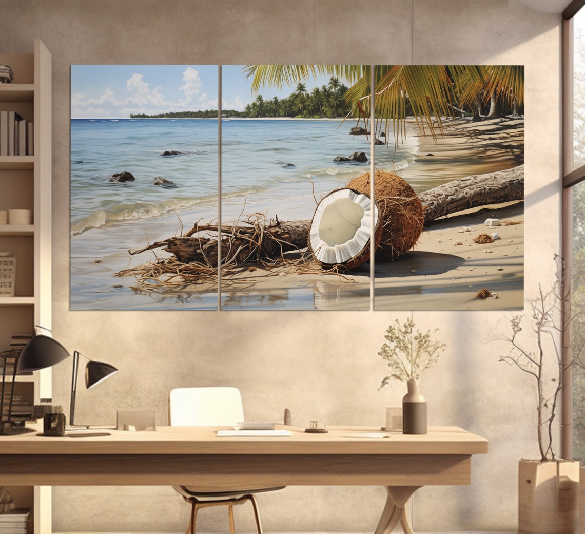 Split Coconut on Tropical Beach Palm Trees Ocean View Travel Poster - Image 3