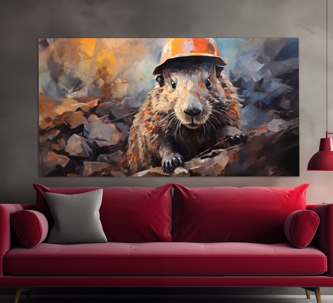 Funny Beaver Miner Wall Art Beaver In Helmet Print Abstract Beavers Miner Painting Mining Wall Art - Image 2